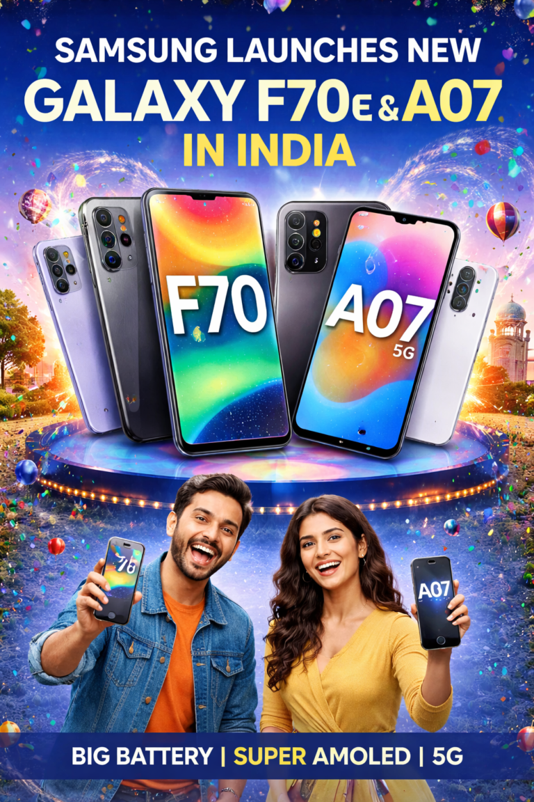 Samsung Galaxy F70e 5G and Galaxy A07 5G smartphones featuring 120Hz displays and 6000mAh batteries launched in India.